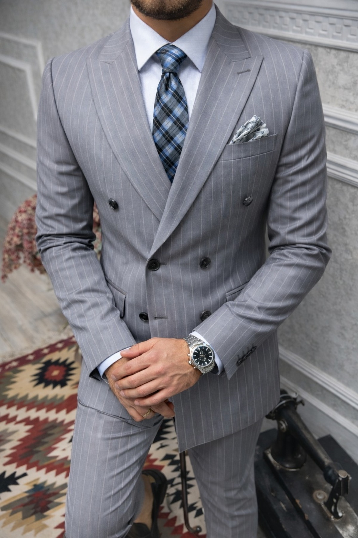 MASSARO  Kruvaze Çizgili Slımfit Takım elbise