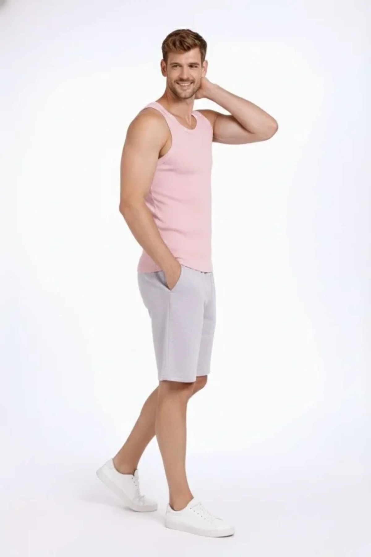Erkek Fitilli Atlet Sıfır Yaka Slim Fit Arka Baskılı Spor Atlet - Pembe