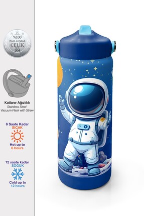 Coral High Lacivert Astronot Desenli Katlanır Ağızlıklı Çelik Termos 650 ml 3...