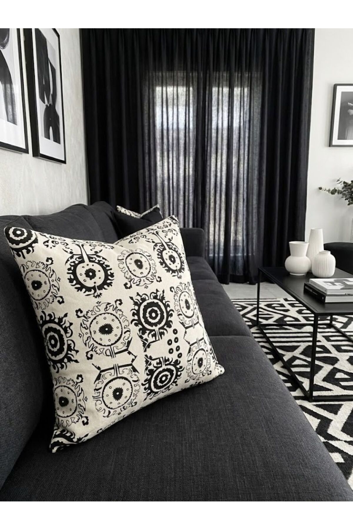 Modern Black Patterned Linen Pillow 43x43 100% Cotton