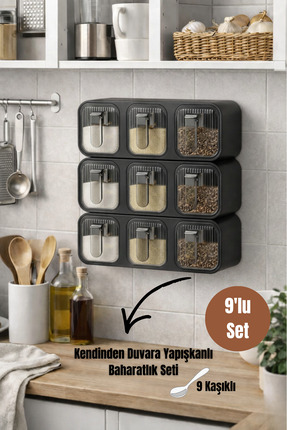 Dory 9'Lu Kendinden Duvara Yapışkanlı Kaşıklı Baharatlık Takımı - Kapaklı Bah...