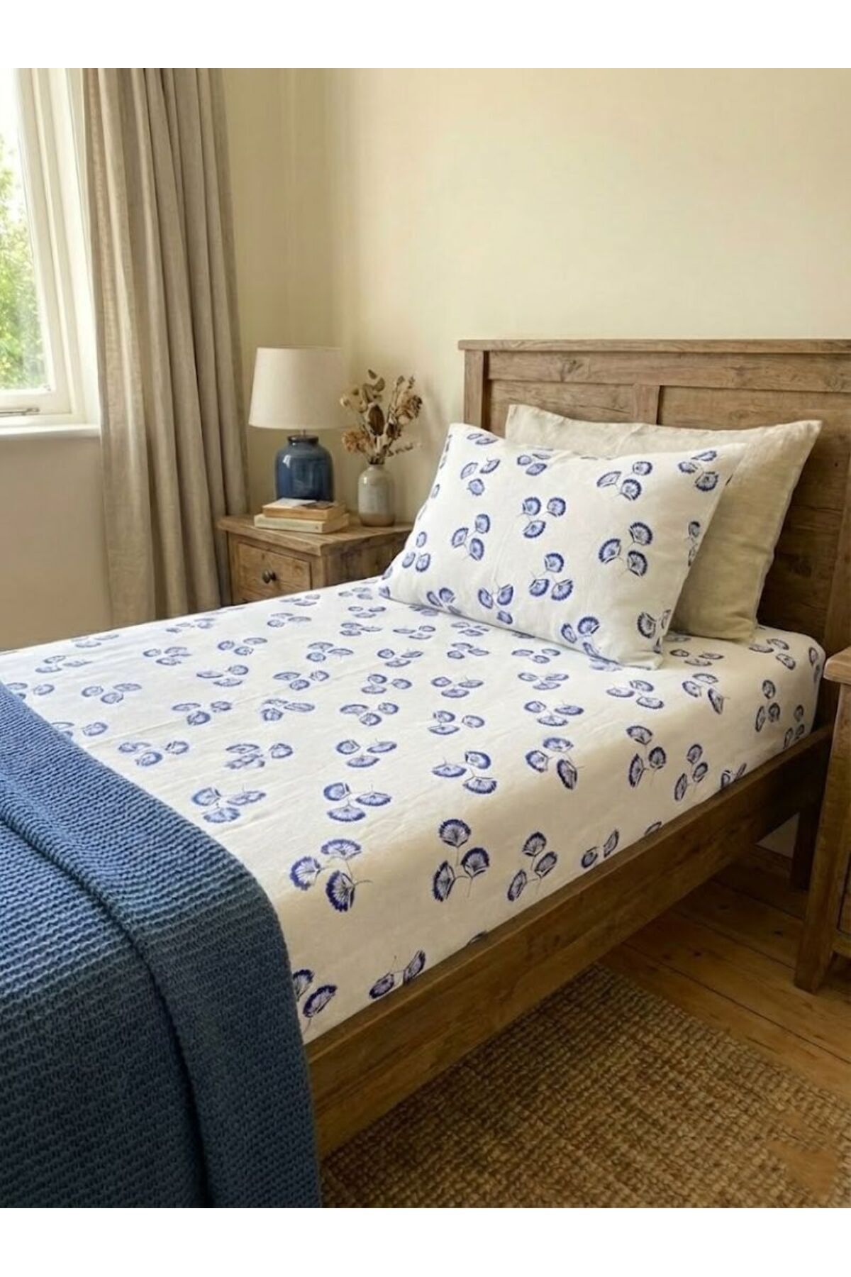 Leaf Patterned Single Elastic Bed Sheet Set 100% Cotton Linen