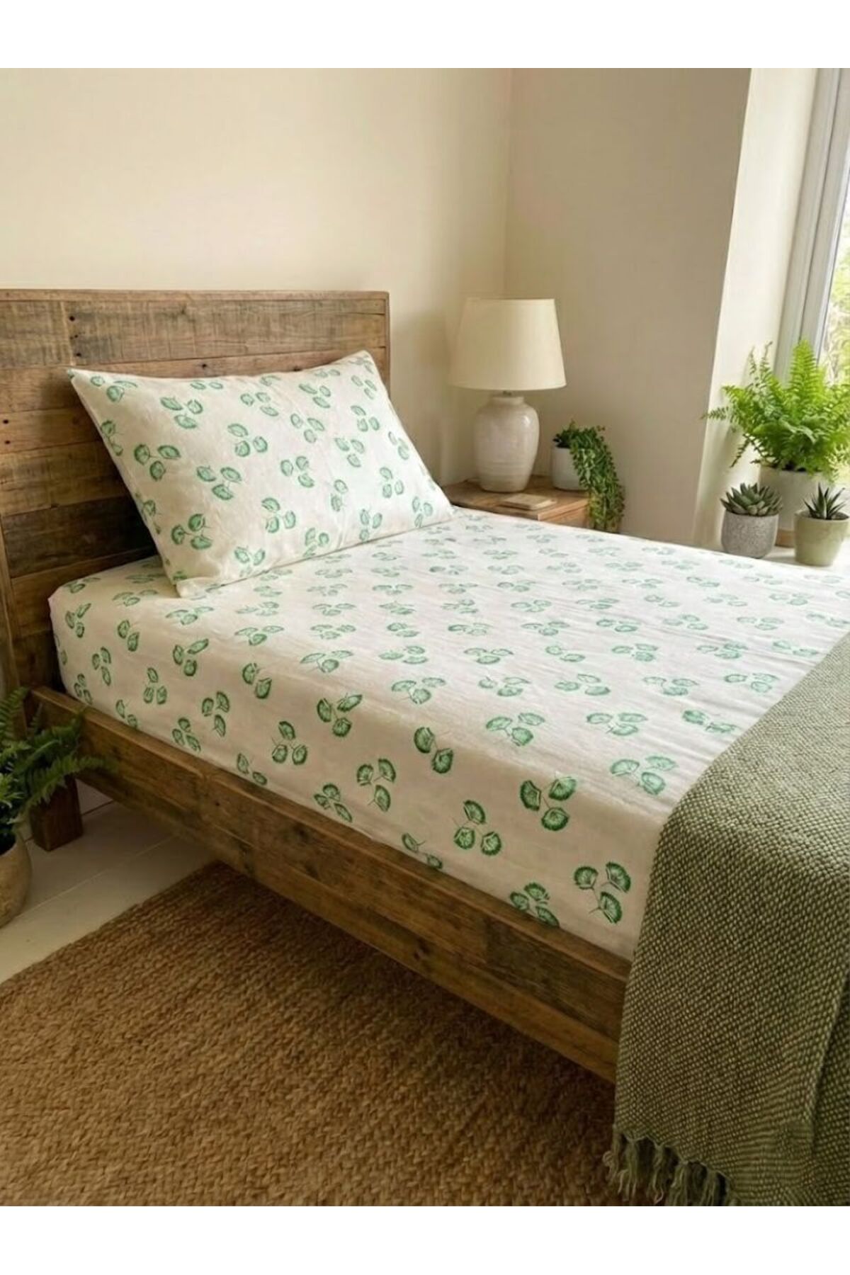 Leaf Patterned Single Elastic Bed Sheet Set 100% Cotton Linen