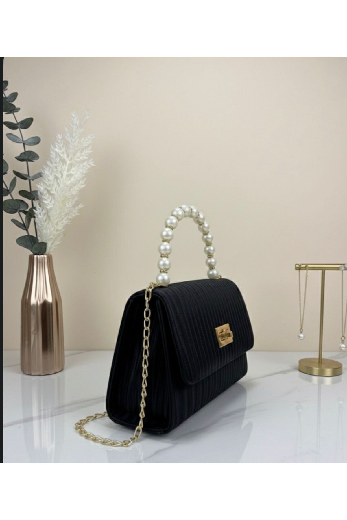addy  Siyah Çizgili Desenli İncili Gold Zincir Askılı Portföy Omuz Ve El Çantası E18 B12 - Görsel 3