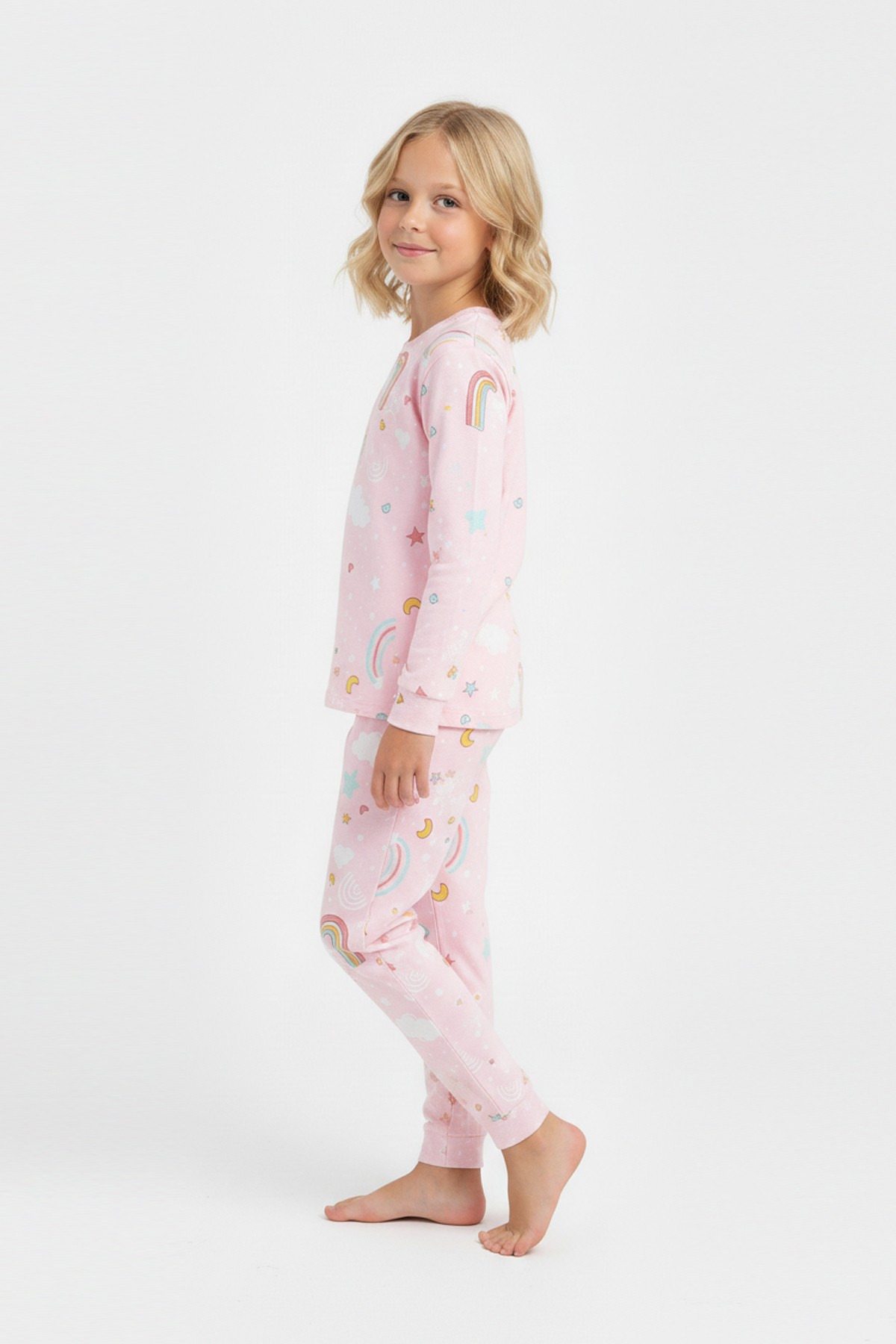 bunny hopp Gökkuşağı Desenli %100 Pamuklu Kız Çocuk Pijama Takımı - İnterlok Kumaş Takım fotoğrafı 3 (önizleme)