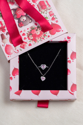 Elika Silver Pembe Kalp Kolye ve Yüzük Seti – Zirkon Taşlı Sevgiliye Hediye A...