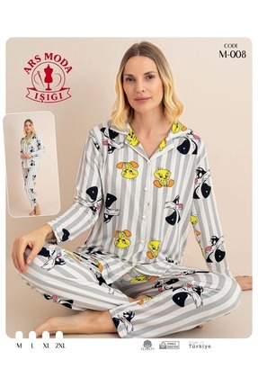 ars moda ışığı Kadın Pijama Kedi,Kuş,Ördek Desenli Milan
