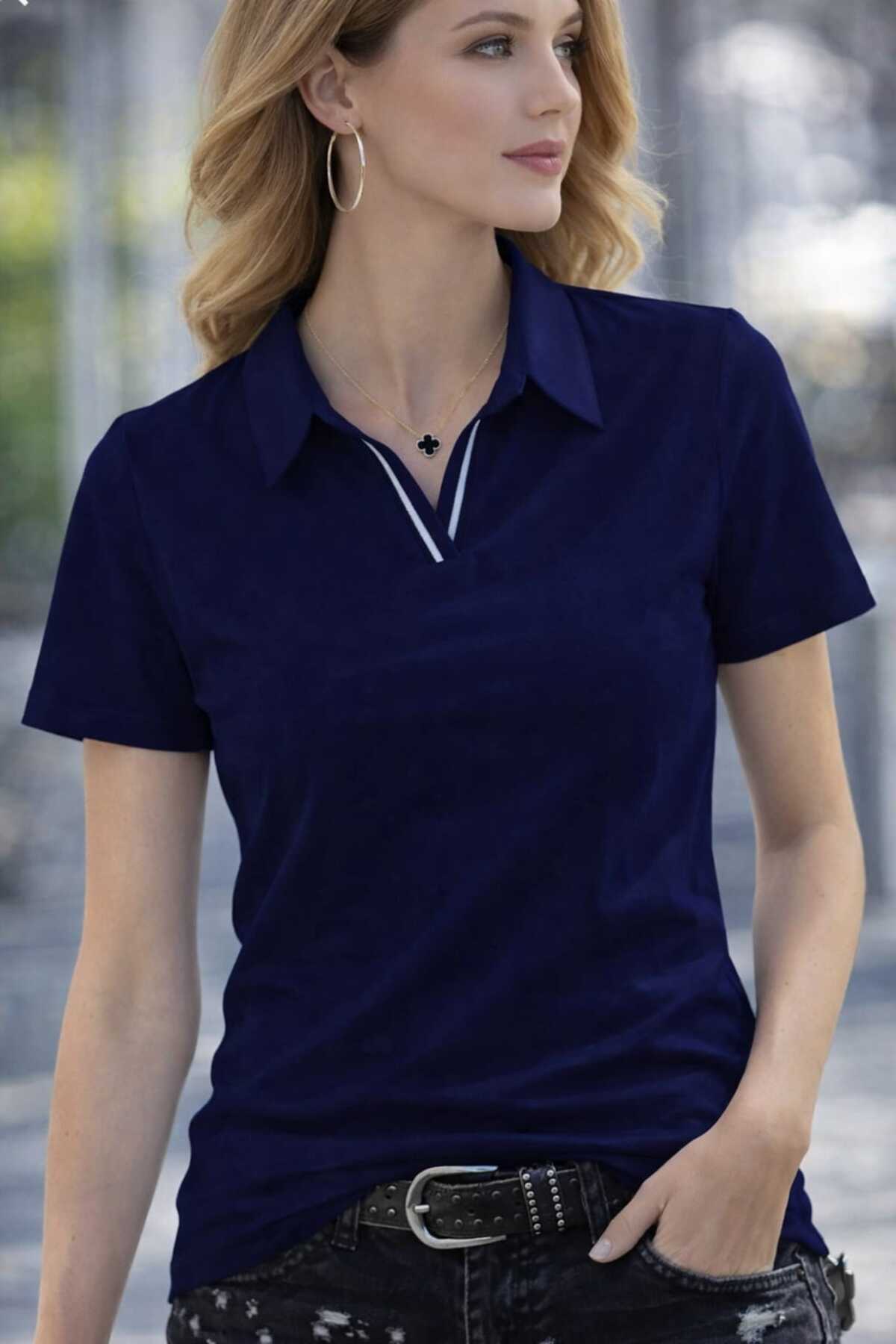 BRLKN  Kadın Polo Yaka Patlı Şeritli Kısa Kollu Body Slimfit Esnek Likralı %100 Pamuk YAZLIK