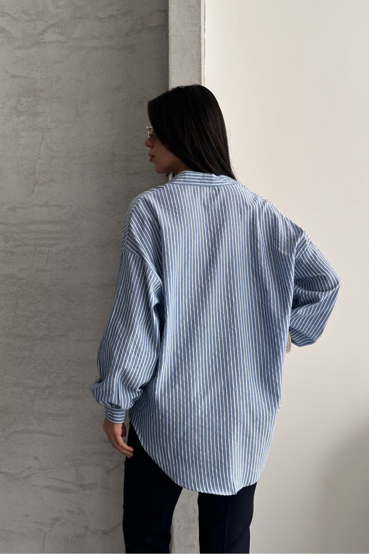 macharel jeans  Oversize Mavi Çizgili Gömlek - Görsel 6