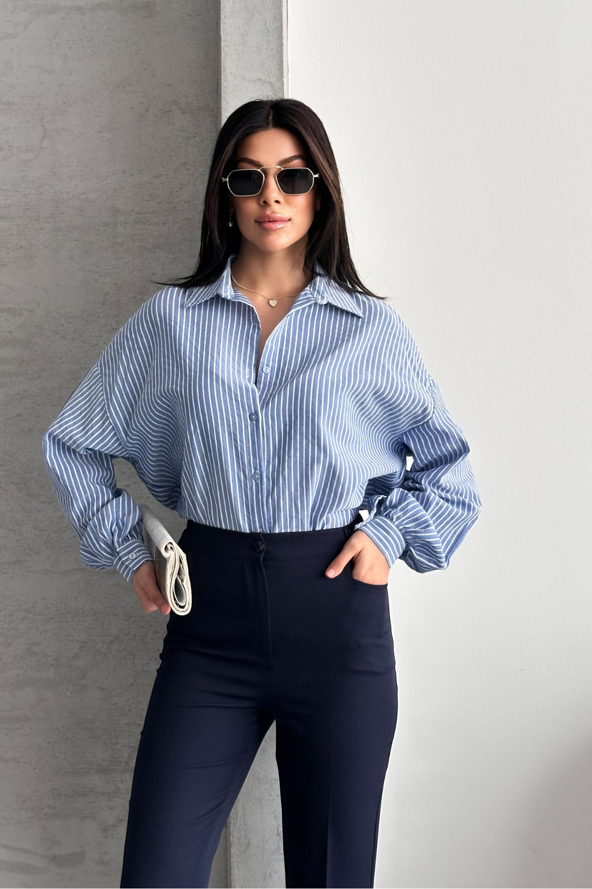 macharel jeans  Oversize Mavi Çizgili Gömlek - Görsel 8