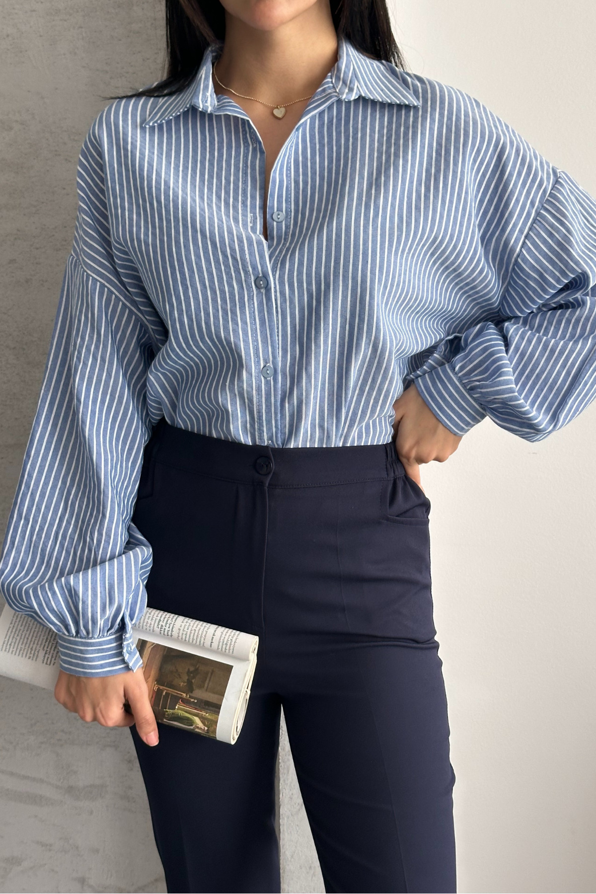 macharel jeans  Oversize Mavi Çizgili Gömlek - Görsel 7