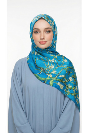 Ege Fular Şal Van Gogh Şal Badem Çiçekleri Desenli - 190x65 cm - %100 Saf İpe...