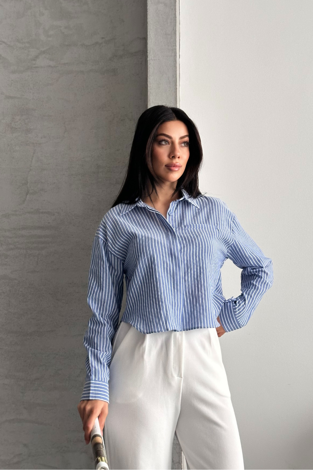 macharel jeans  Kadın Mavi Çizgili Crop Gömlek - Görsel 5