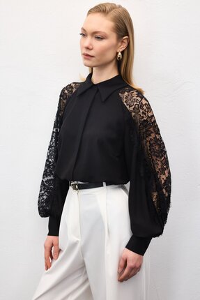 Sateen Kolları Dantel Detaylı Gömlek - Siyah