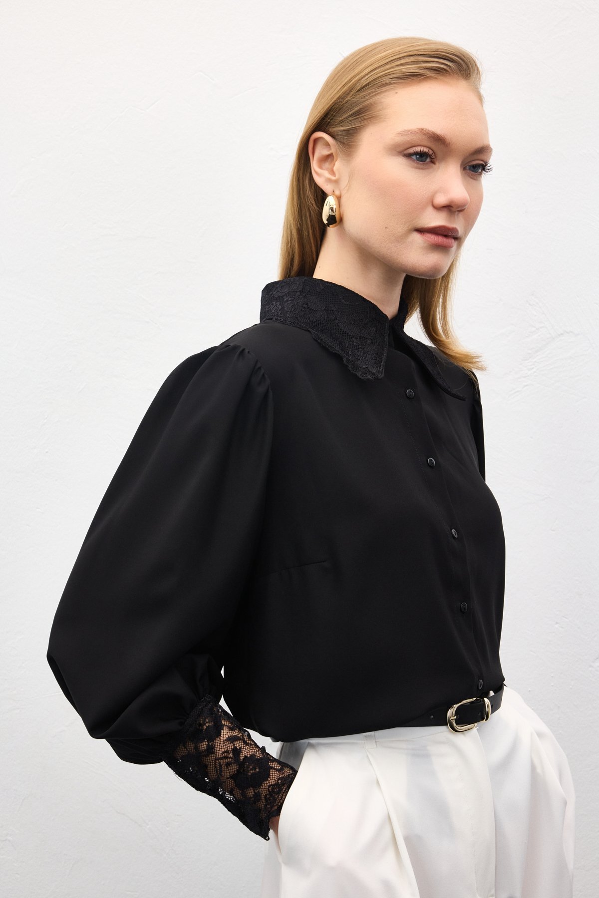 Sateen  Dantel Manşetli Gömlek - Siyah - Görsel 2