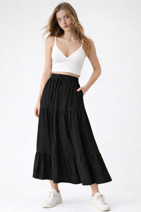 SHEBARA YÜKSEK BEL LASTİKLİ ELASTAN MAXI DOKUMA ETEK
