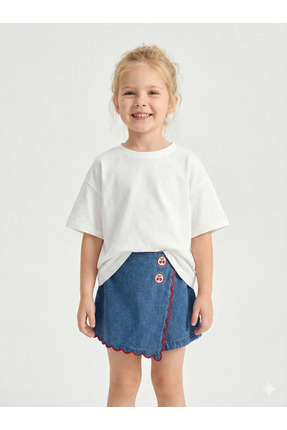 Alarteks Kız Çocuk Pamuklu Denim Şort Etek-Kiraz Nakışlı