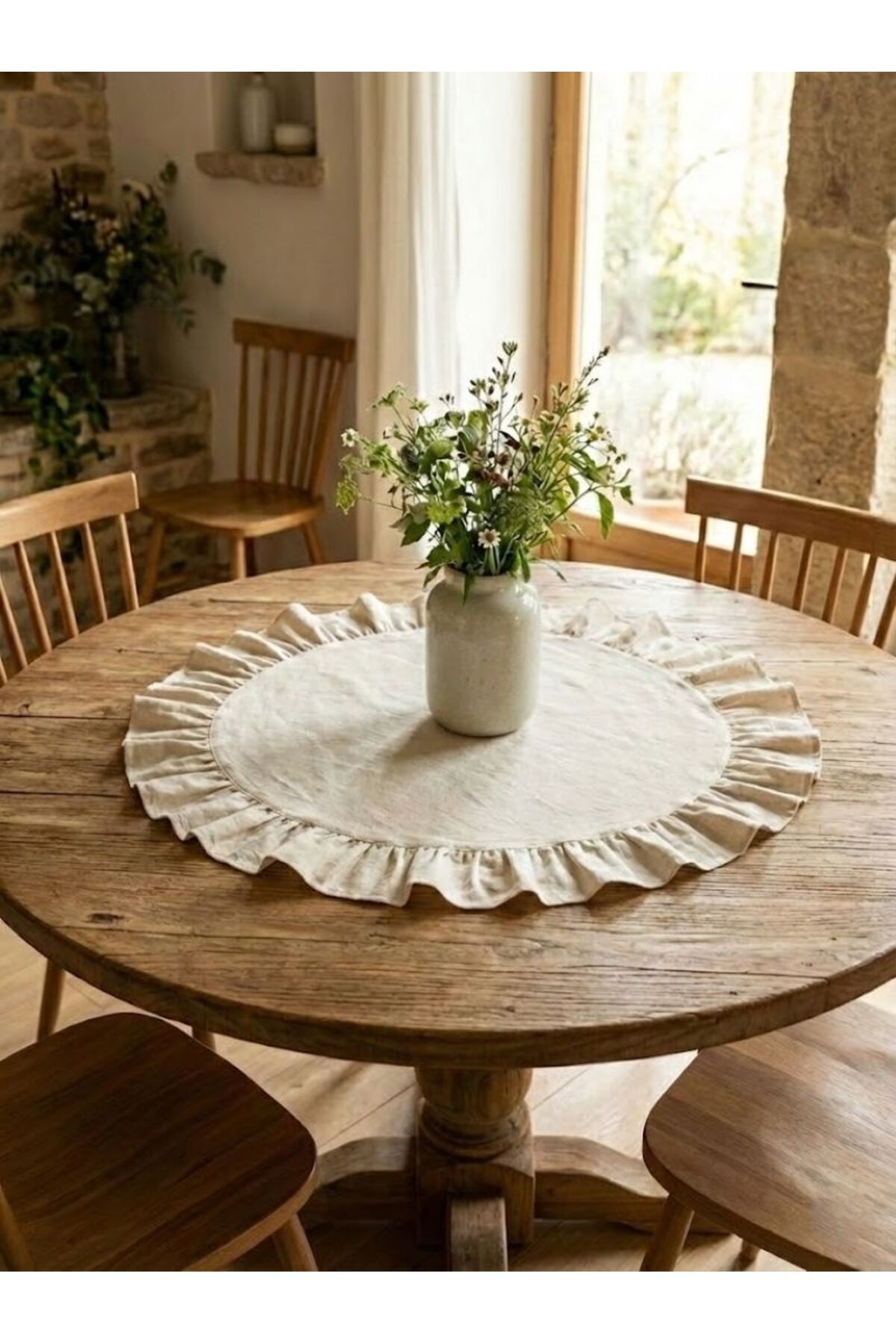 Bohemian Ruffle Round Raw Linen Runner 60 cm