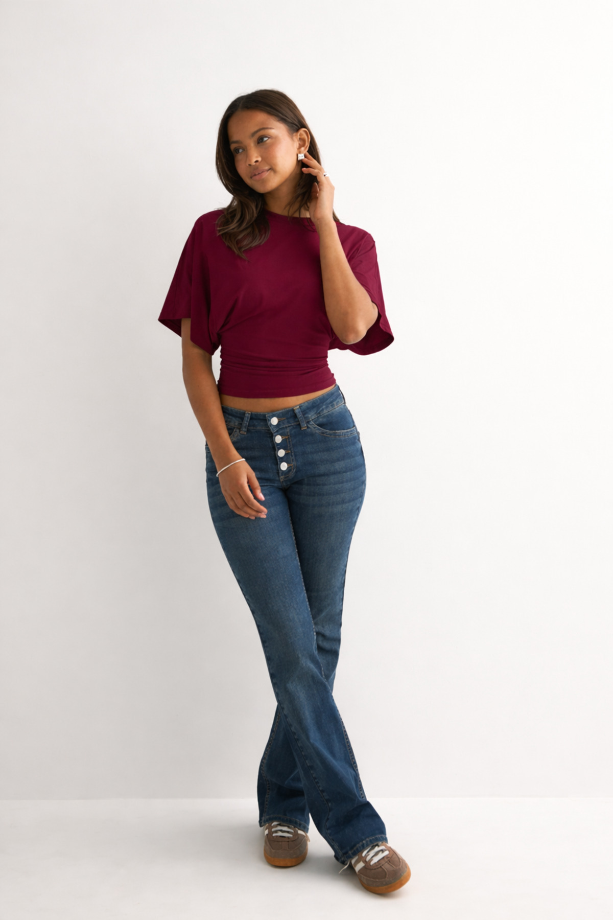 ecemore  Bele Oturan Geniş Kollu Doğal Viskon Bordo Bluz - Görsel 3