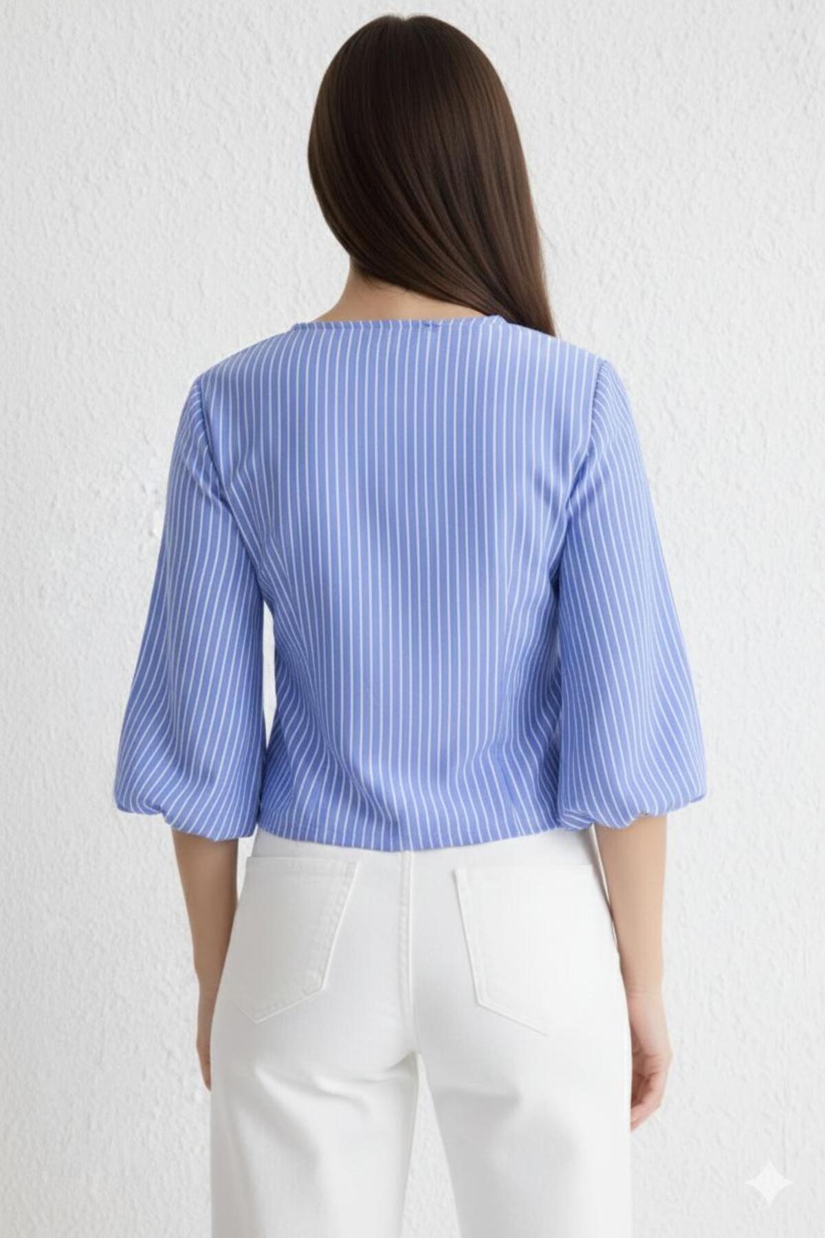 marvion  Kadın Mavi Kruvaze Cizgili Bluz - Görsel 2