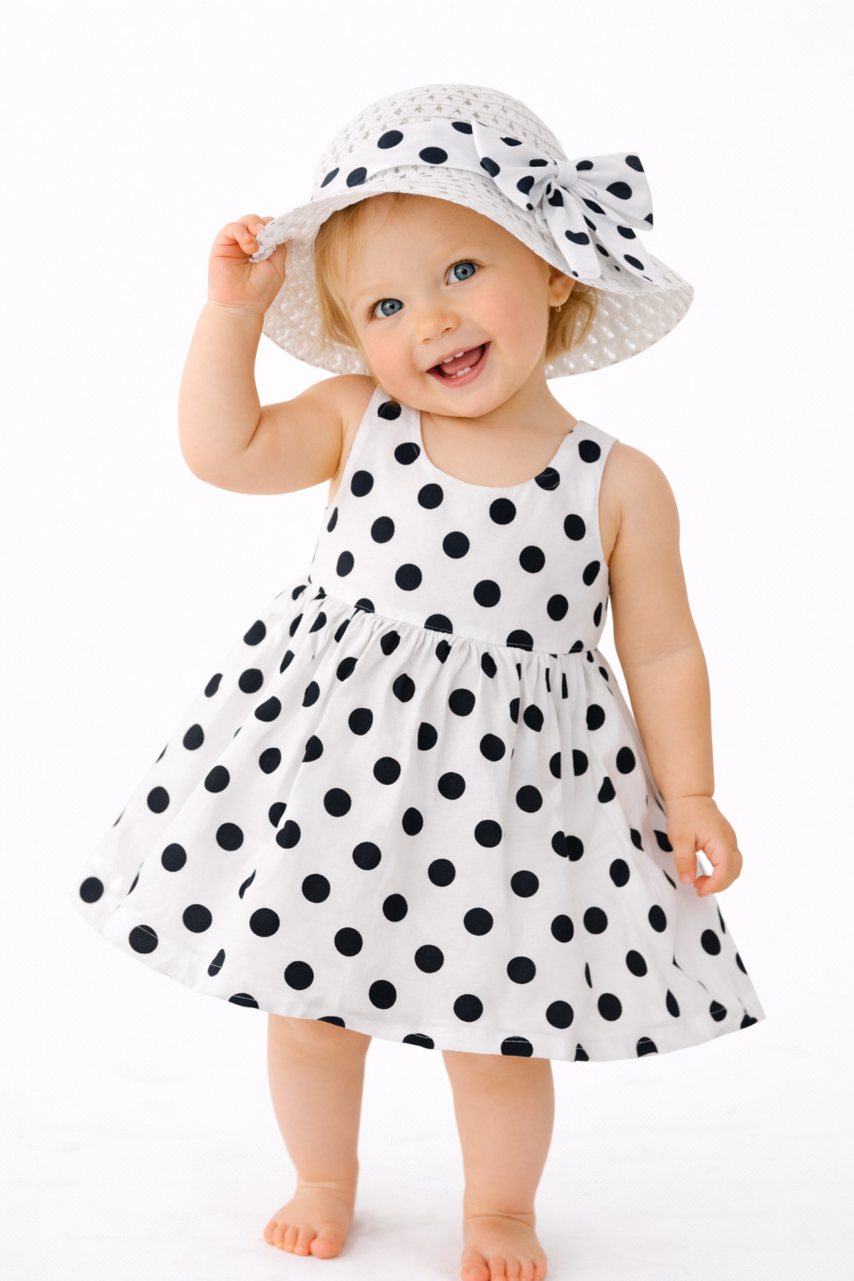 Chicsy Baby Tatlı Yazlık Kız Bebek Elbise Puantiye Desenli Şapkalı Elbise fotoğrafı 4 (önizleme)