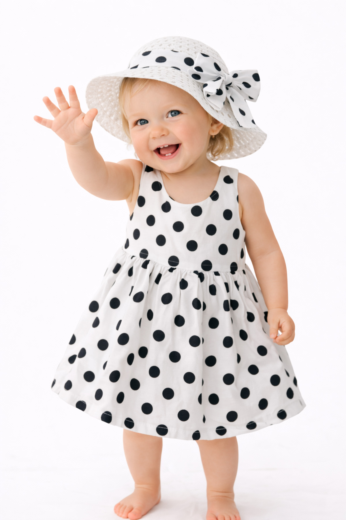 Chicsy Baby Tatlı Yazlık Kız Bebek Elbise Puantiye Desenli Şapkalı Elbise fotoğrafı 5 (önizleme)