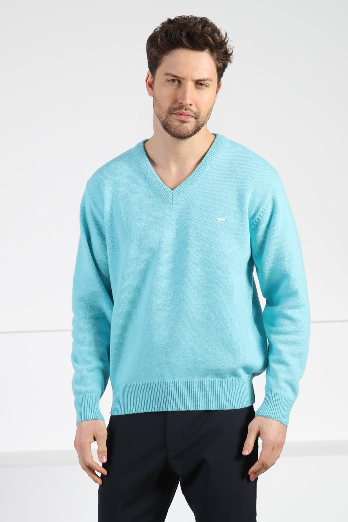 Ferraro  Turkuaz V Yaka Erkek Uzun Kollu %100 Kuzu Yünü Triko Kazak - Görsel 3