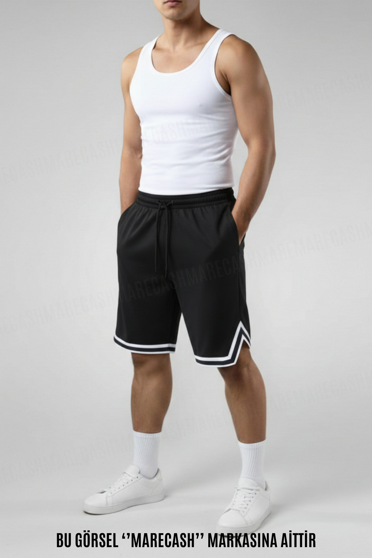 MARECASH  Erkek Paçası Şeritli Yırtmaçlı Şort Cepli Vorteks Kumaş Yazlık