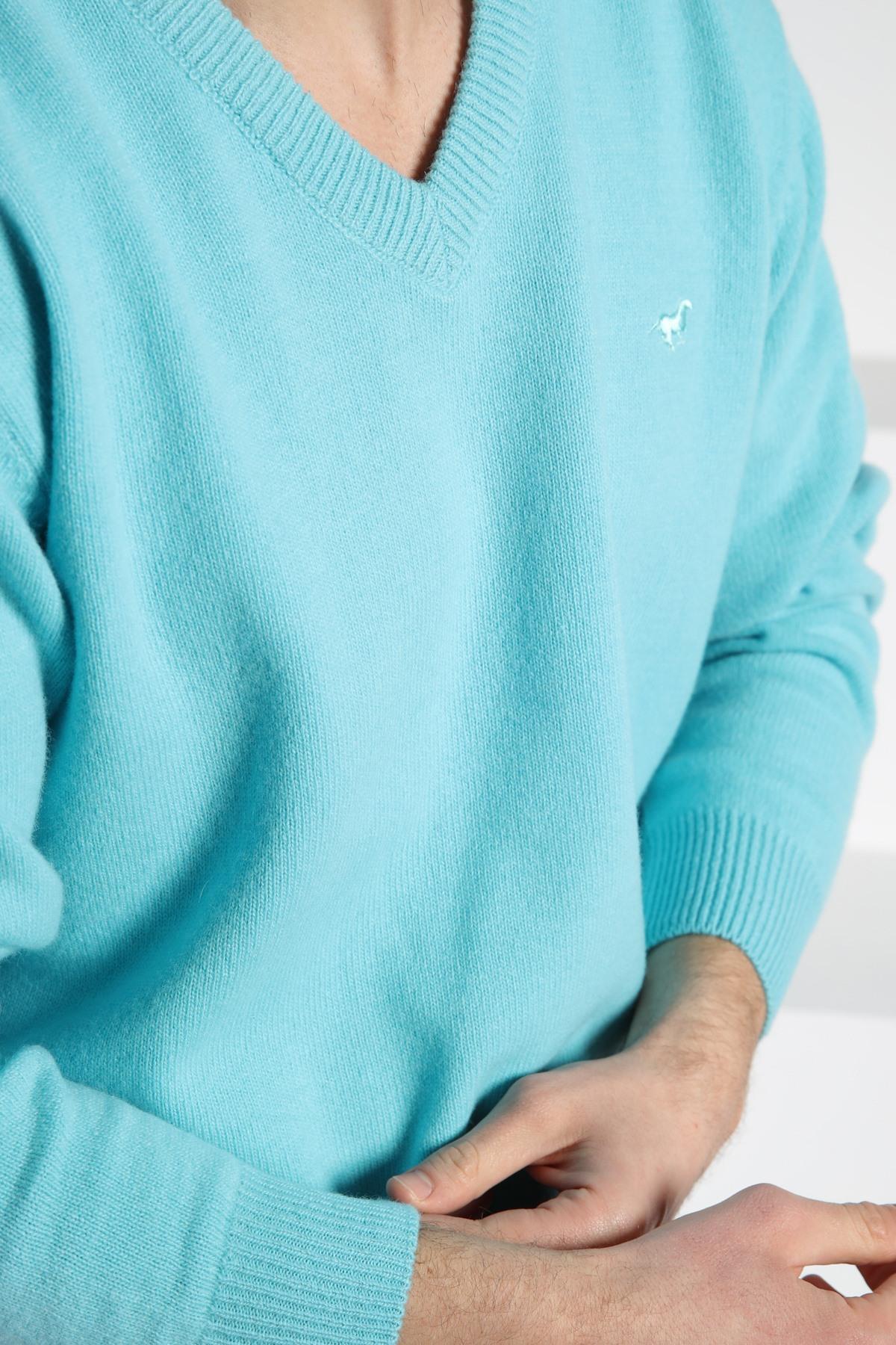 Ferraro  Turkuaz V Yaka Erkek Uzun Kollu %100 Kuzu Yünü Triko Kazak - Görsel 2