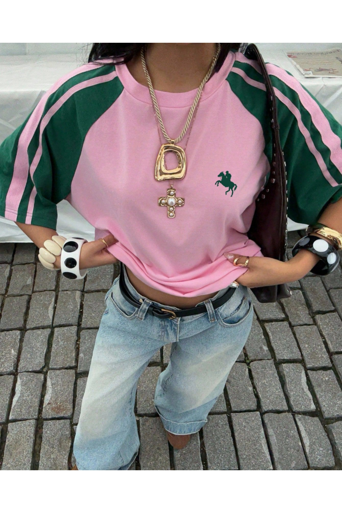 Touz Moda  Retro Streetwear Club Pembe Yeşil Oversize T-Shirt