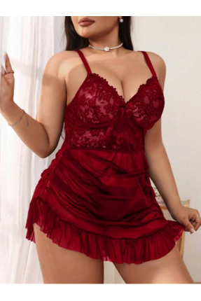 euro click Kadın Kırmızı Dantel Detaylı Mini Gecelik – İnce Askılı, Büzgülü v...