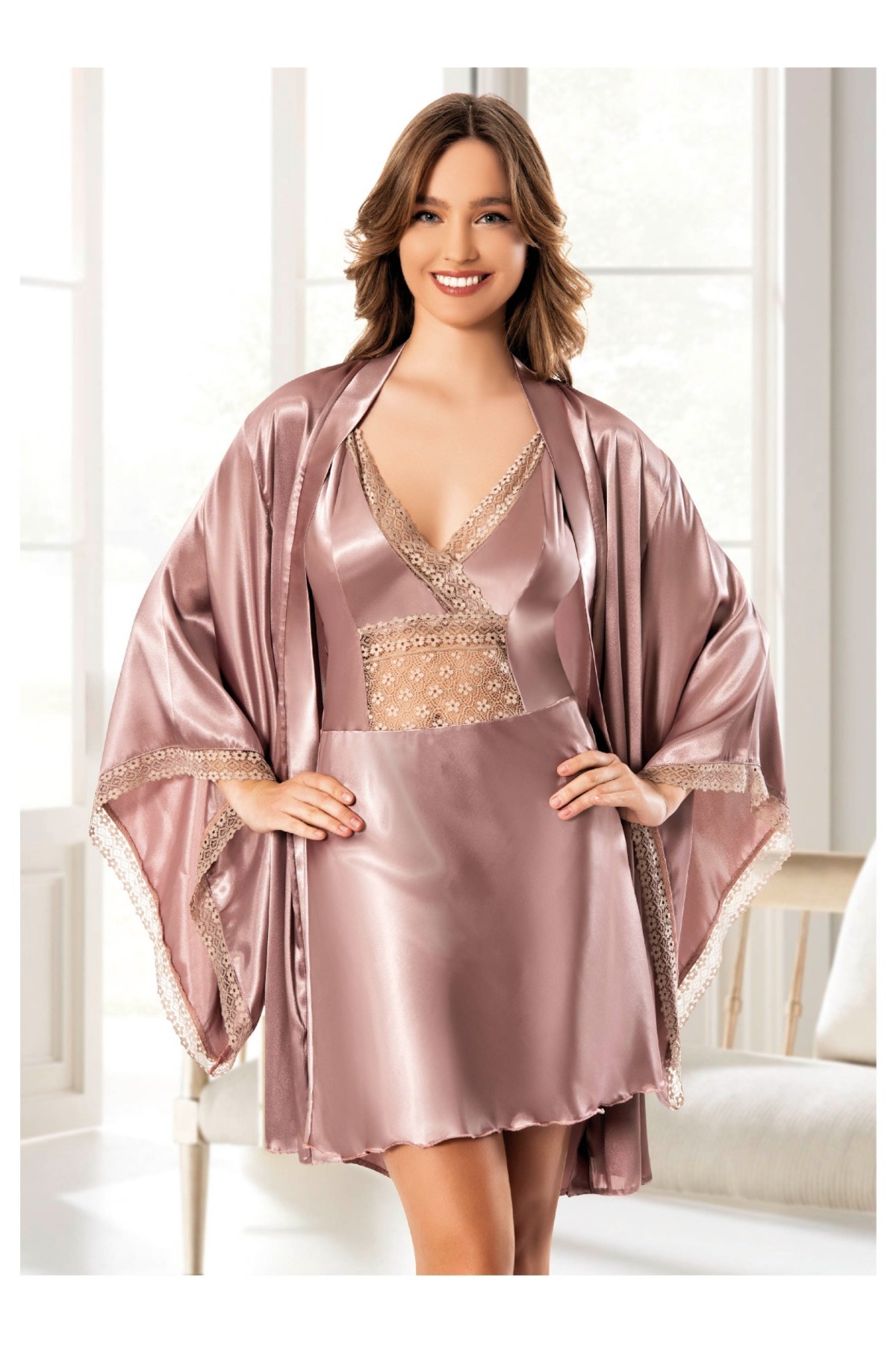 Dynamic Saten Dantelli Ayarlanabilir Askılı 2'li Gecelik Sabahlık Takımı