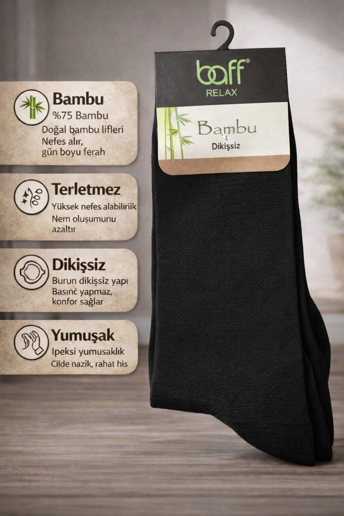 Baff Siyah Erkek Bambu Çorap 10'lu Paket (40-44) görsel 3