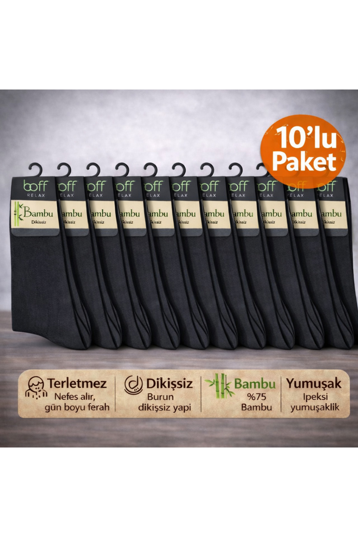 Baff Siyah Erkek Bambu Çorap 10'lu Paket (40-44)