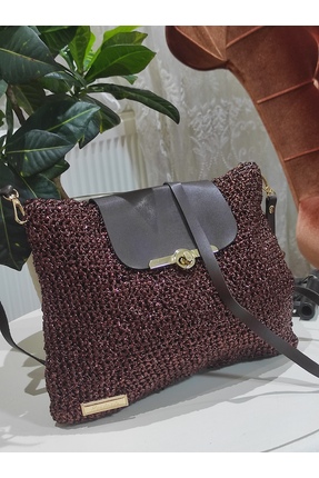 Handmade BereketHome Design: Mürdüm Simli Örgü & Deri Kapaklı Omuz Çantası - ...
