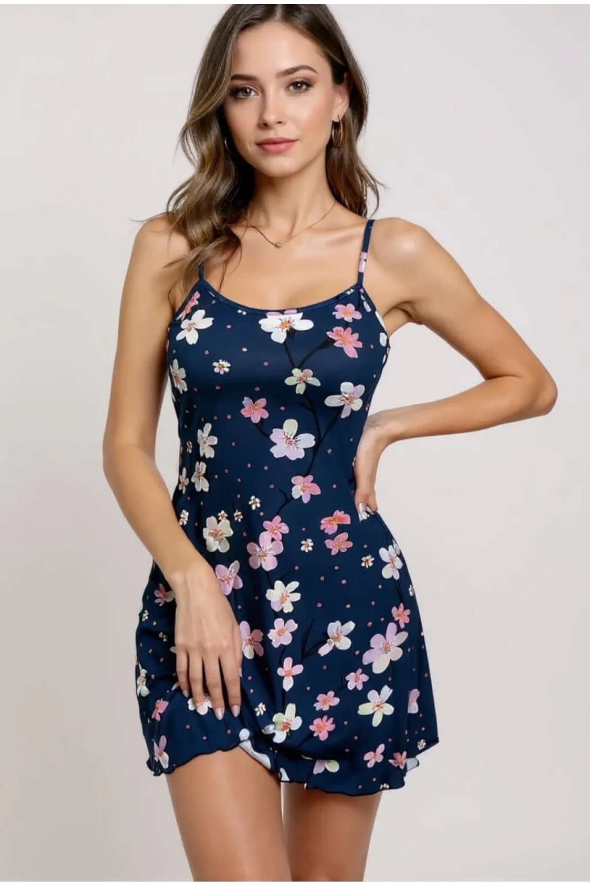 shop Çiçek Desenli Mavi Askılı Gecelik