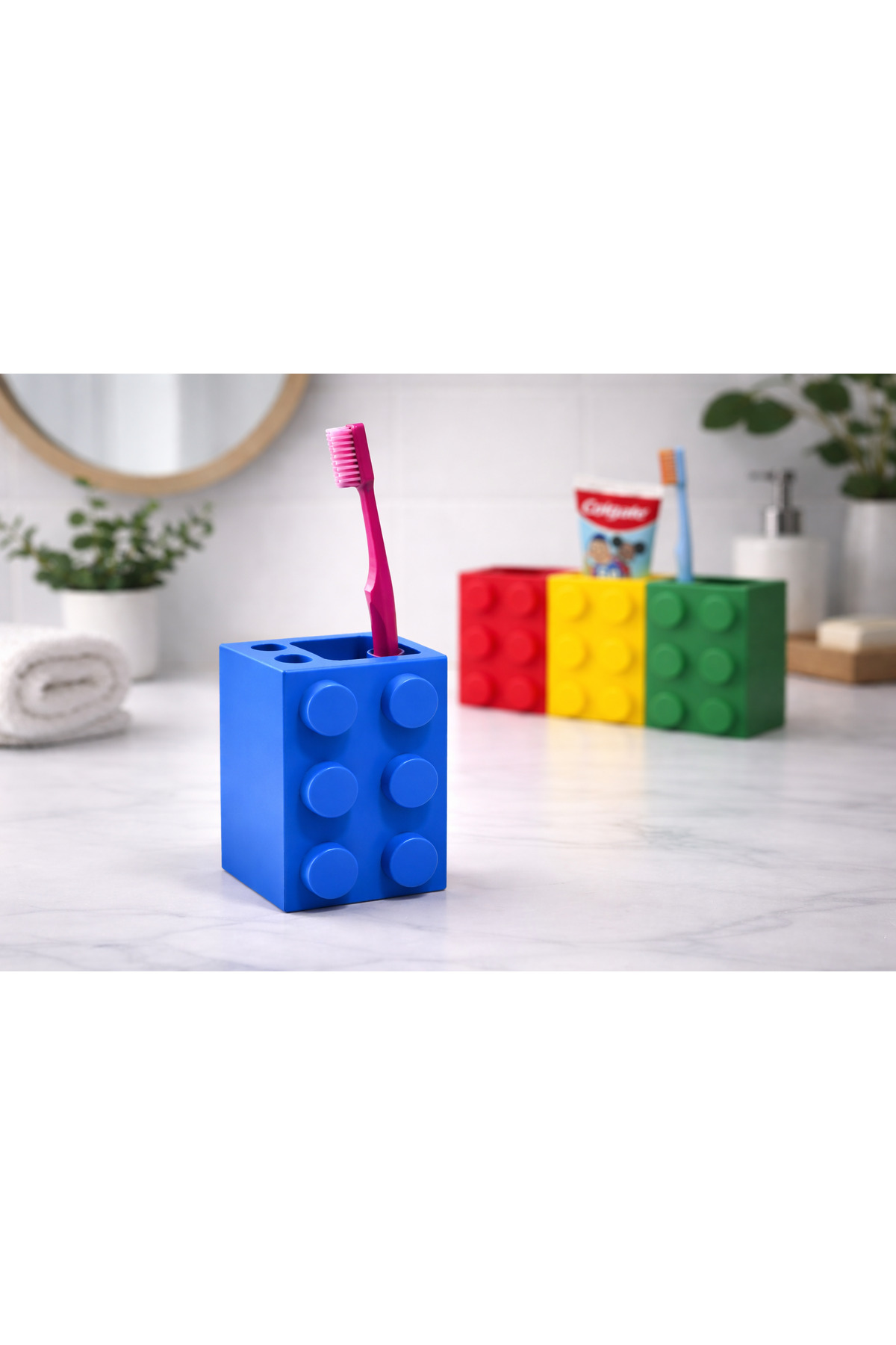 Lego Design Toothbrush Holder & Pen Holder - Nursery & Bathroom Organizer