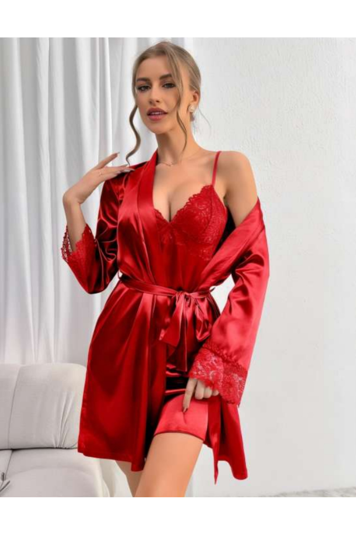 ESİLORA Kadın Premium Seksi Saten Gecelik/Sabahlık Set