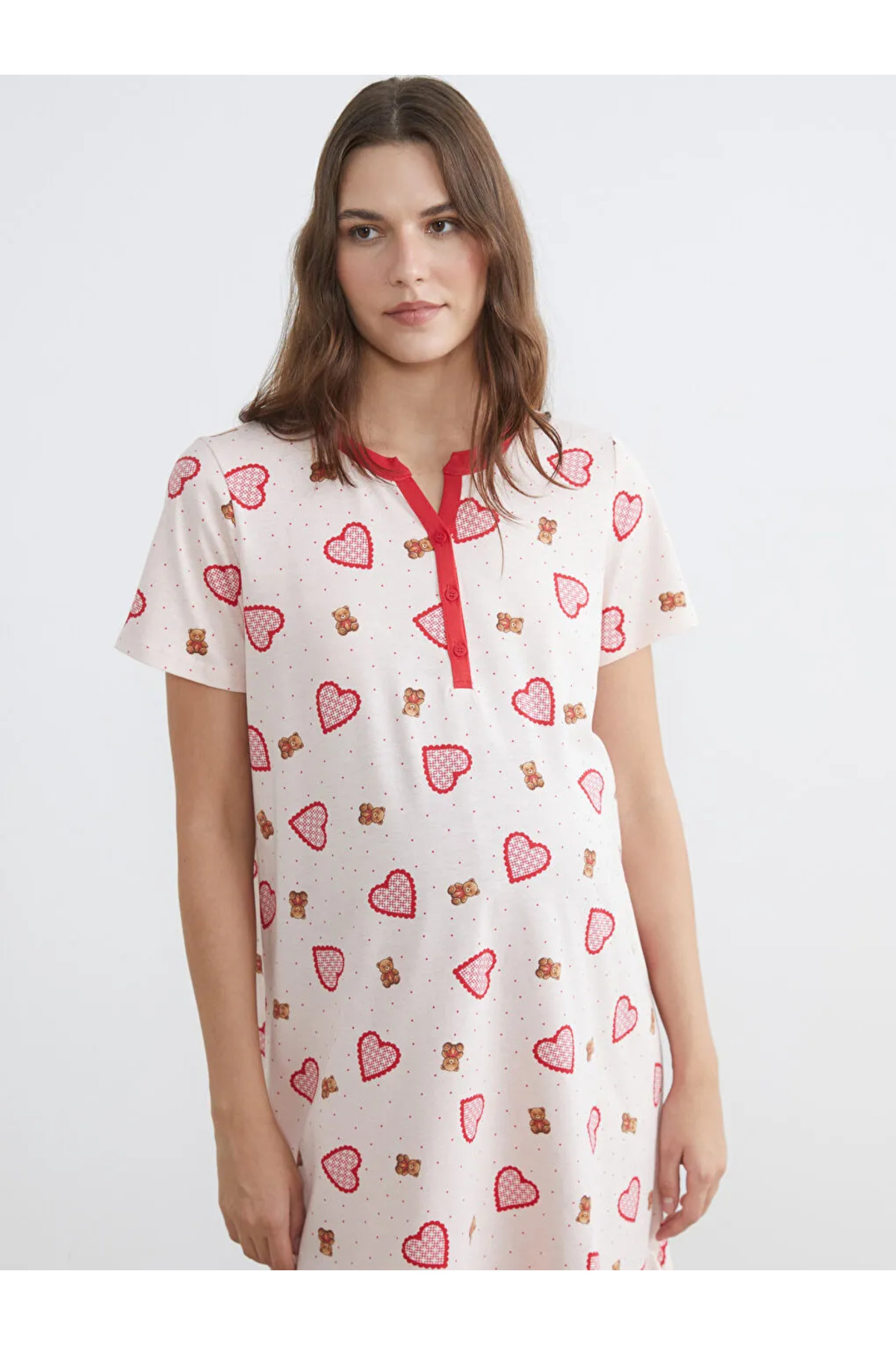 LC Waikiki Pembe Kaçık Yaka Kalp Desenli Hamile Gecelik