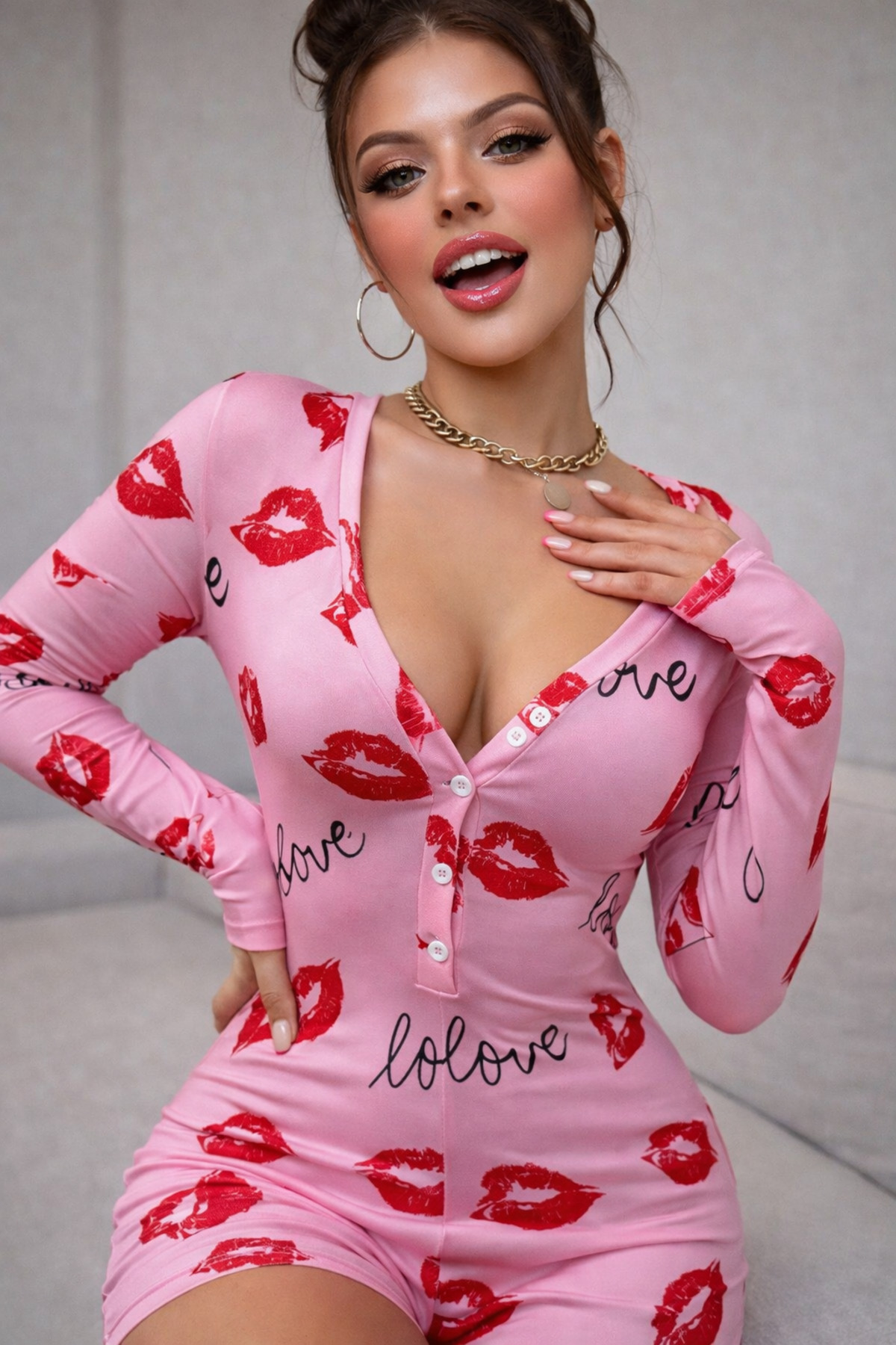 BYEN GİYİM Kadın Uzun Kollu Mini Tulum Düğmeli V Yaka Ev Kombini Şortlu