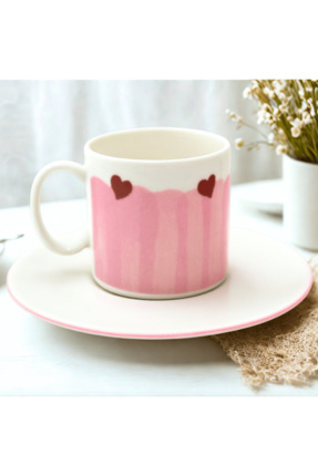 EVİMİA Kalp Detaylı Toz Pembe 2 Kişilik Porselen Fincan Takımı