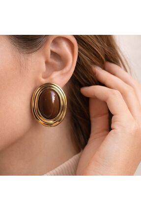 NESBAWORLD Oval Kahve Taşlı Gold Küpe