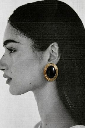 NESBAWORLD Vintage Siyah Oval Taşlı Gold Küpe