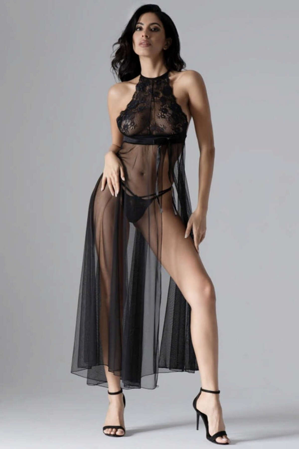 Sistina SNMSWRLD Siyah Dantelli Tül Gecelik - M075 - (03150) Beden S/M