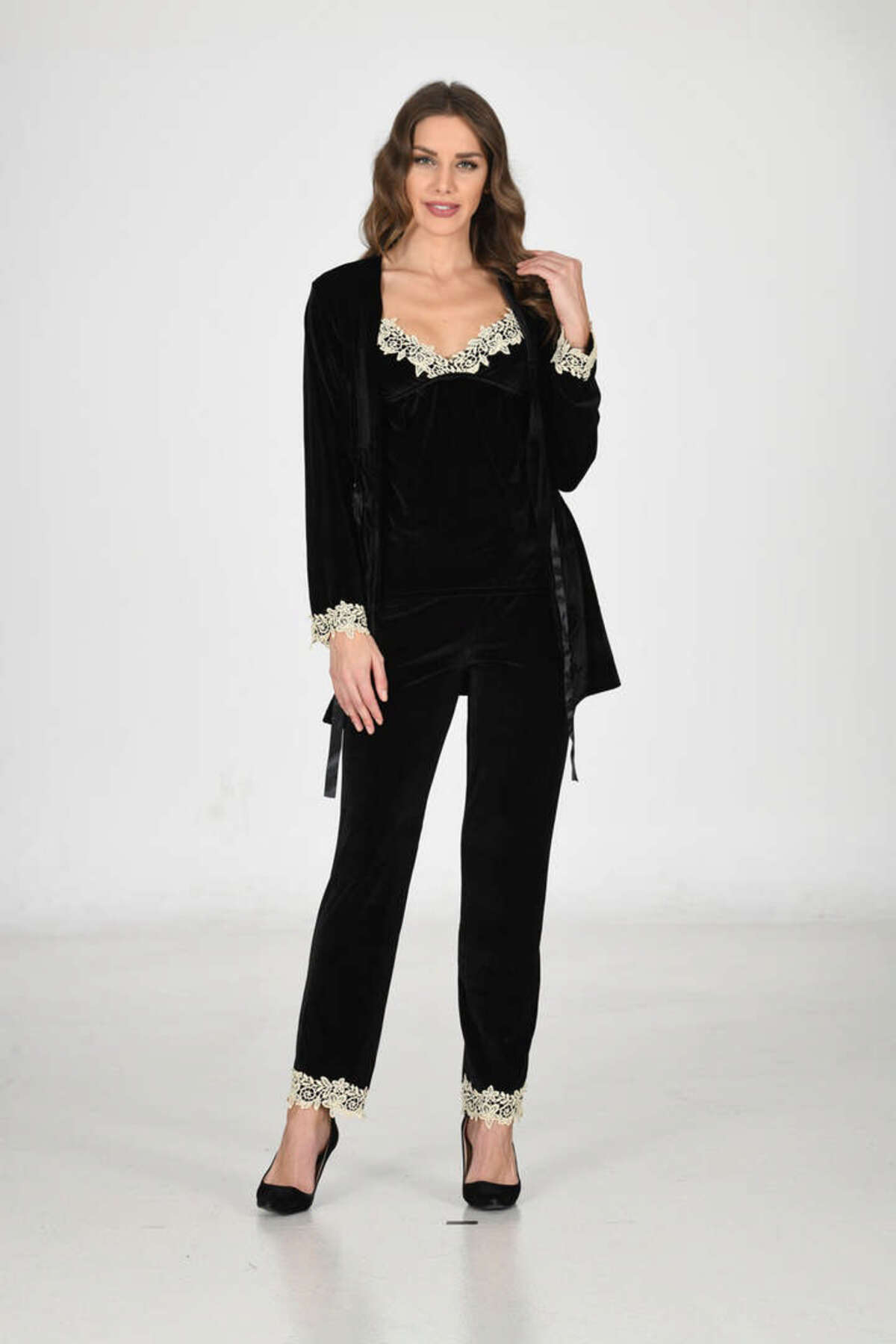 Sistina SNMSWRLD Siyah Kadife Sabahlık & Gecelik Takım 3' Lü - 1441 - (235955) Beden XL