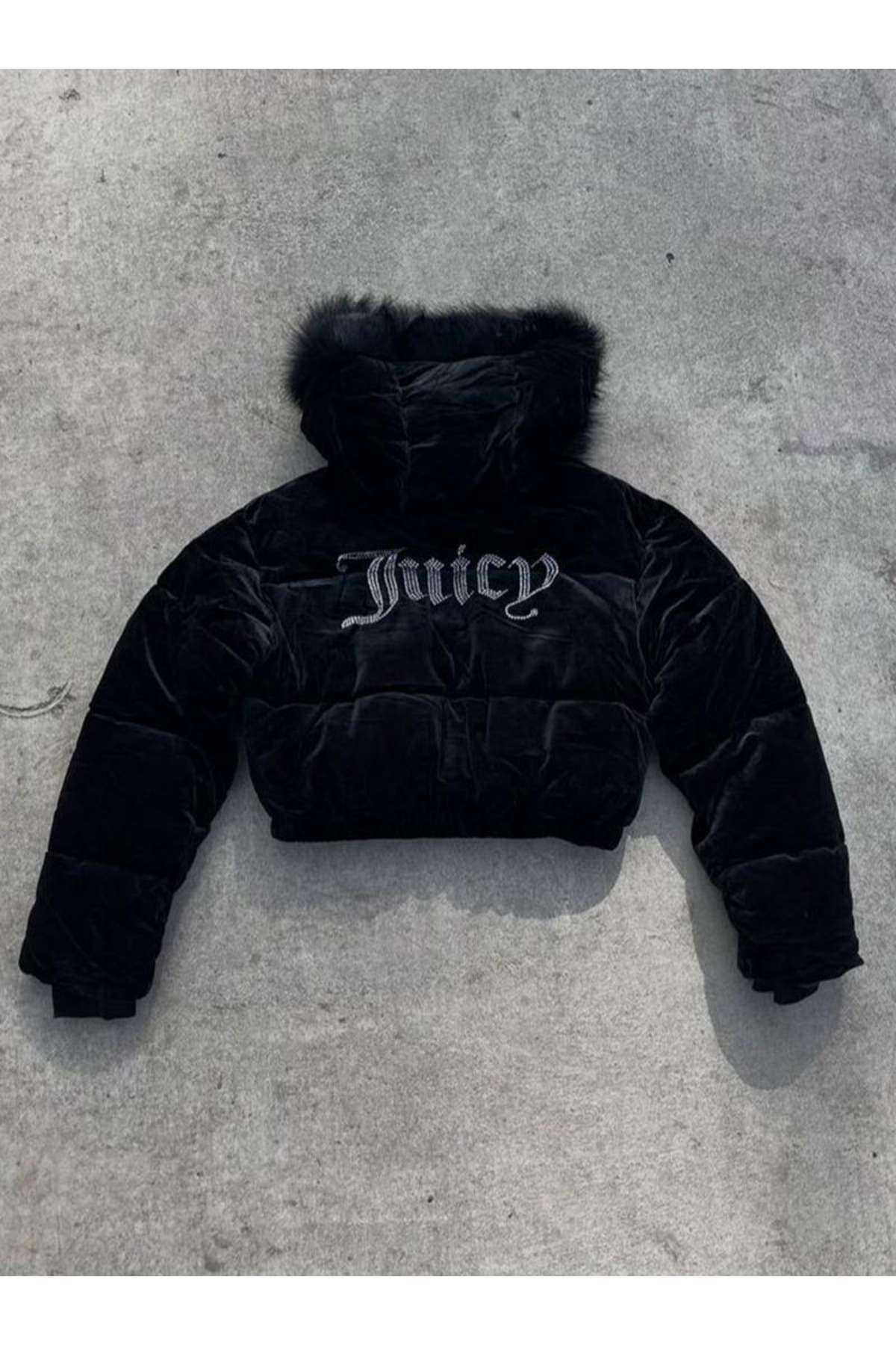 Gofeel  Kadife Dokulu Kapüşonlu Crop Şişme Mont - Görsel 4