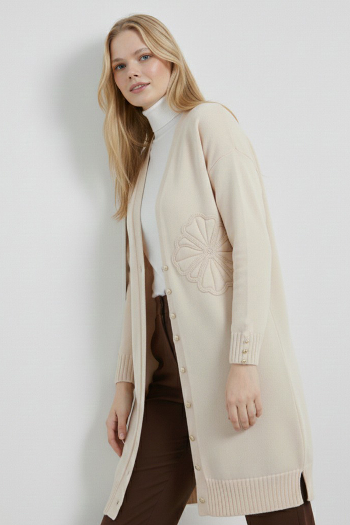 benguen  Çiçek Desenli Hırka N3302 Taş Rengi - Görsel 3