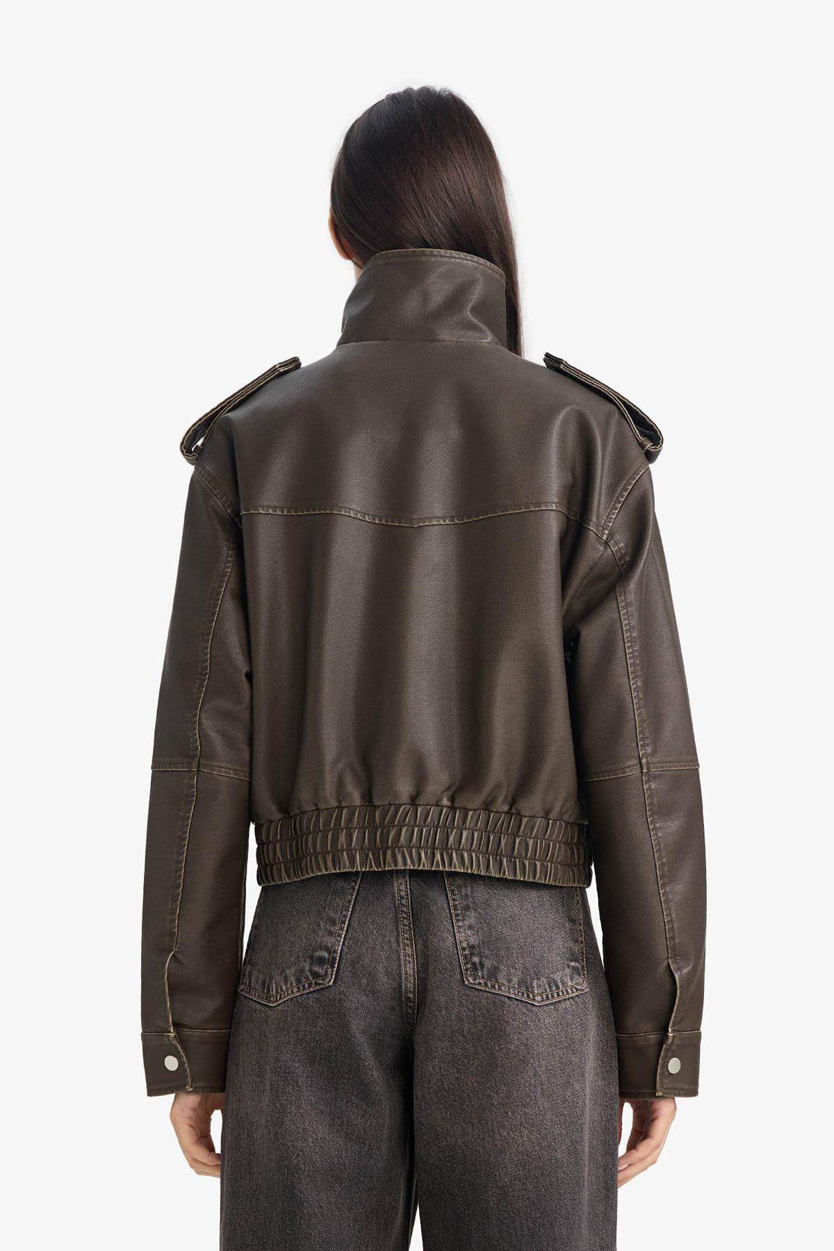 Defacto  Relax Fit Suni Deri Haki Kadın Mont G0667AX/KH405 - Görsel 6