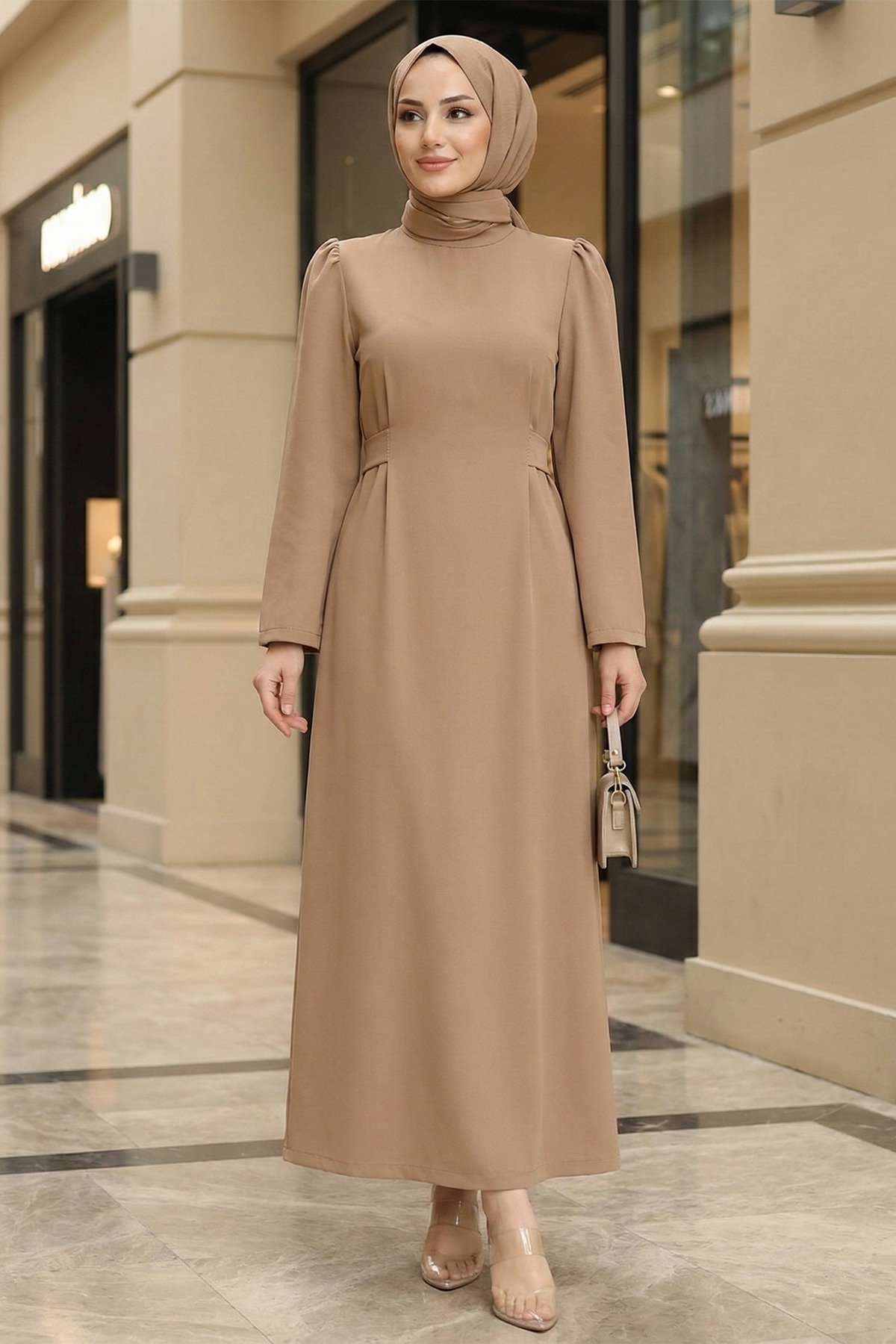 Judge Collar Seated Waist Back Zippered Sleeve Cuffed Modest Pen Dress -mink
