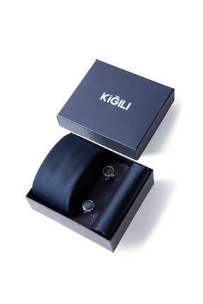 Kiğılı 3'lü Desenli Kravat & Mendil & Kol Düğmesi Hediye Kutulu Set